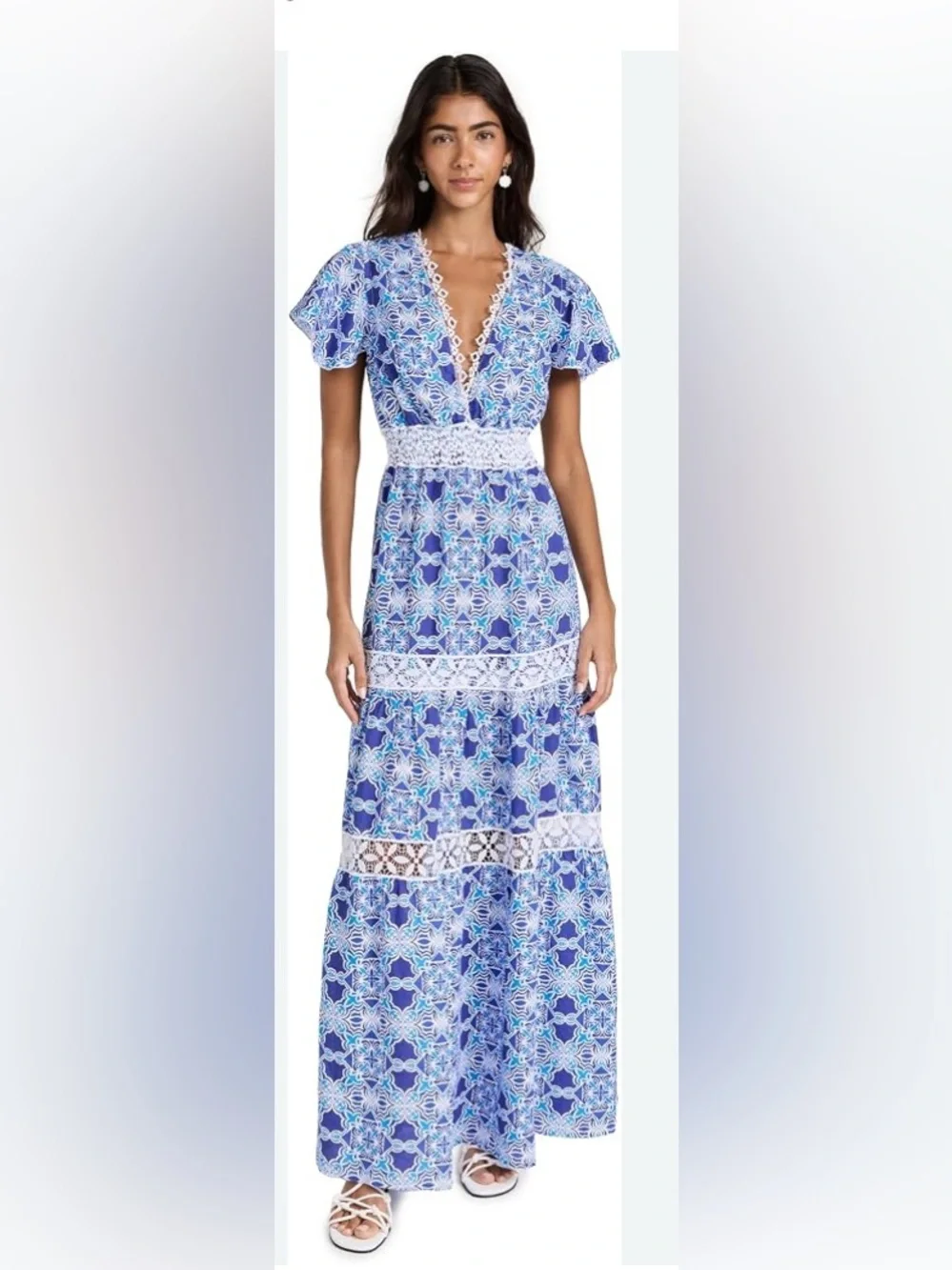 Blue Floral V-Neck Maxi Dress with Lace Trim
